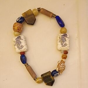 Blue & Cream Seaside Beaded Bracelet with Seahorse Accents